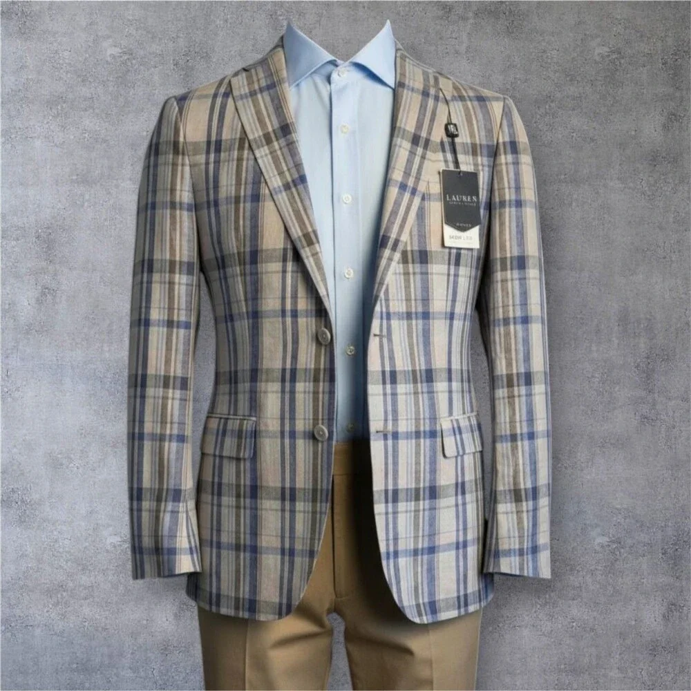 RALPH LAUREN Mens Blazer Sport Coat Two Button Jacket 44L Blue/Beige Linen Suits